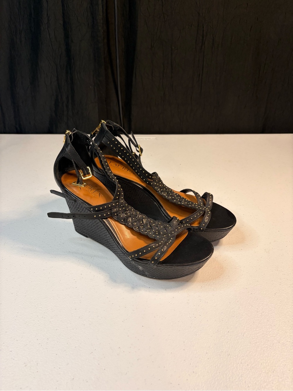 Lauren Ralph Lauren Quanta Black Leather Studded Wedge Sandals 8.5B 11424 L15
